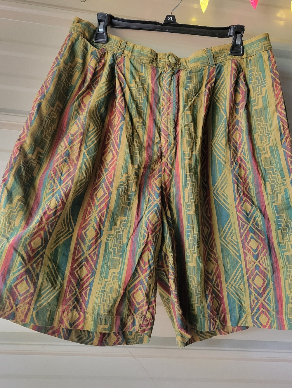 Vintage 80s Boho Geometric Pattern High-Waist Shorts in Green, Teal & Burgundy